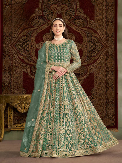 Pista Green Net Gown With Sequence & Zari Embroidery Work