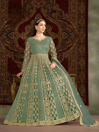 Pista Green Net Gown With Sequence & Zari Embroidery Work