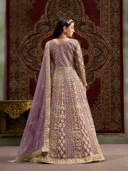 Lavender Net Gown With Sequence & Zari Embroidery Work