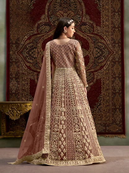 Light Brown Net Gown With Sequence & Zari Embroidery Work