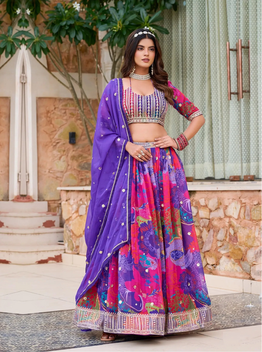 Purple Multicolor Printed & Embroidery Lehenga Choli