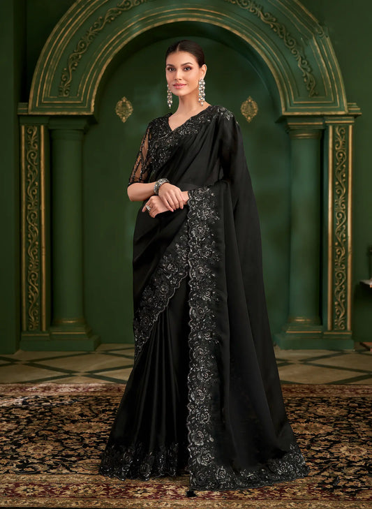 Hot Black Satin georgette Heavy Embroidery Saree