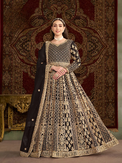 Black Net Gown With Sequence & Zari Embroidery Work