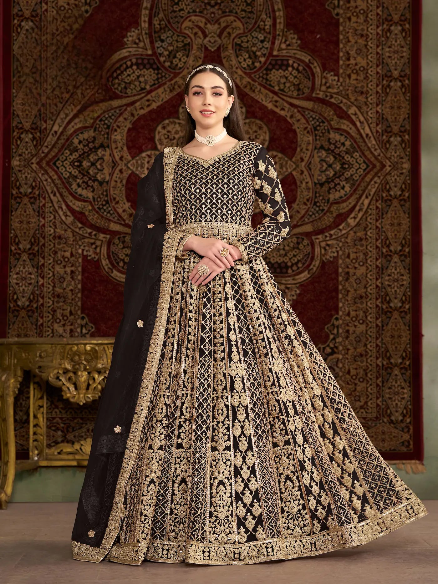 Black Net Gown With Sequence & Zari Embroidery Work