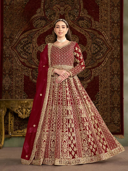 Dark Red Net Gown With Sequence & Zari Embroidery Work