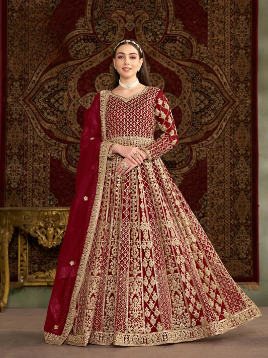Dark Red Net Gown With Sequence & Zari Embroidery Work