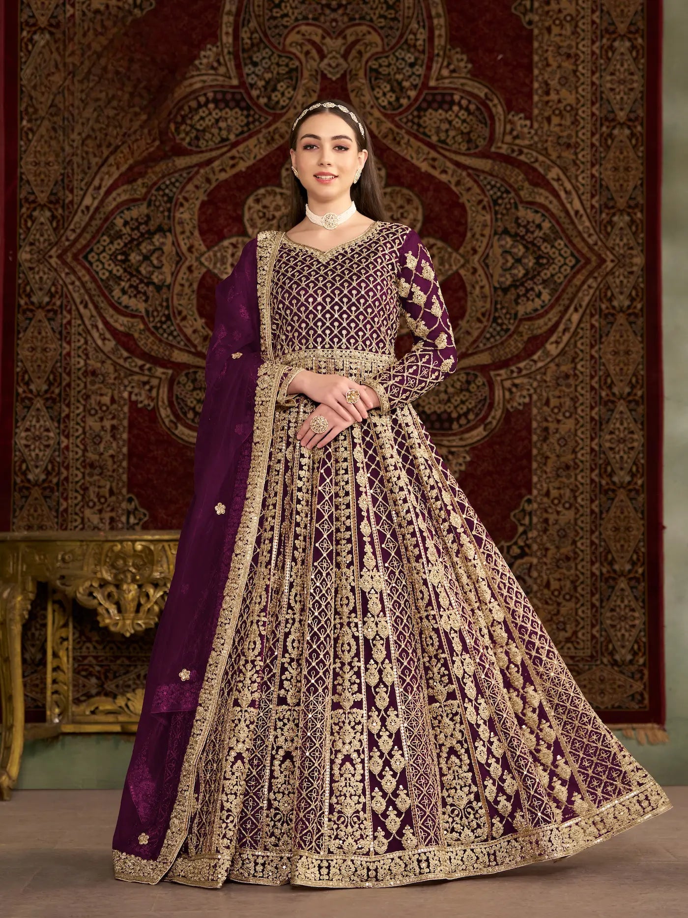 Wine Net Gown With Sequence & Zari Embroidery Work