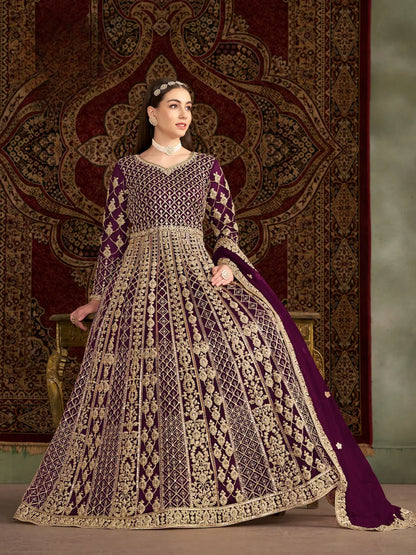 Wine Net Gown With Sequence & Zari Embroidery Work