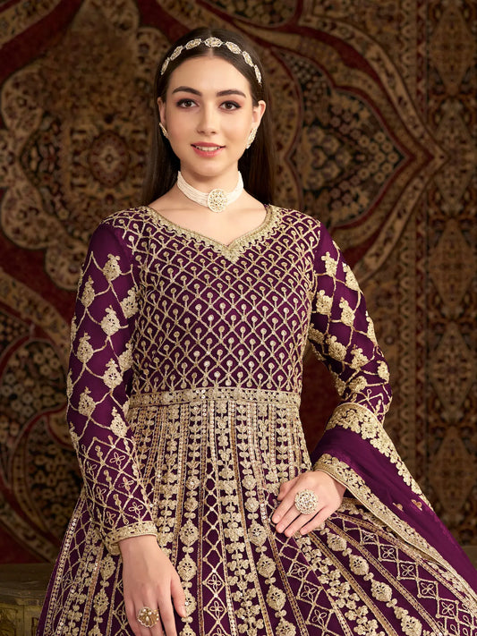 Wine Net Gown With Sequence & Zari Embroidery Work