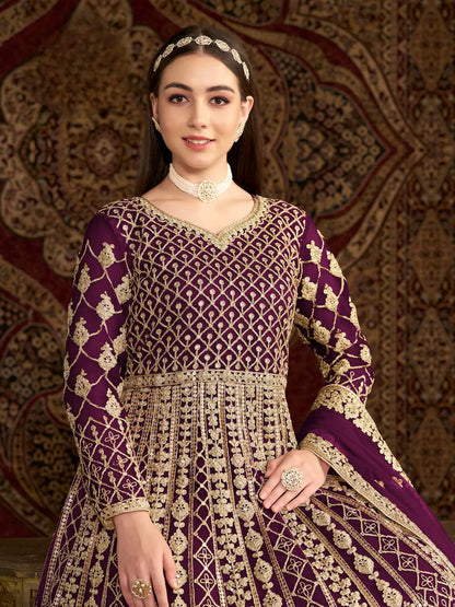 Wine Net Gown With Sequence & Zari Embroidery Work
