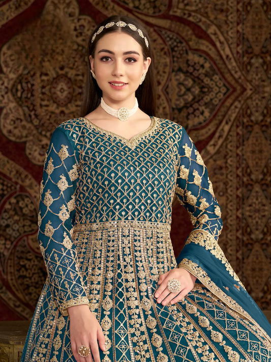 Teal Blue Net Gown With Sequence & Zari Embroidery Work
