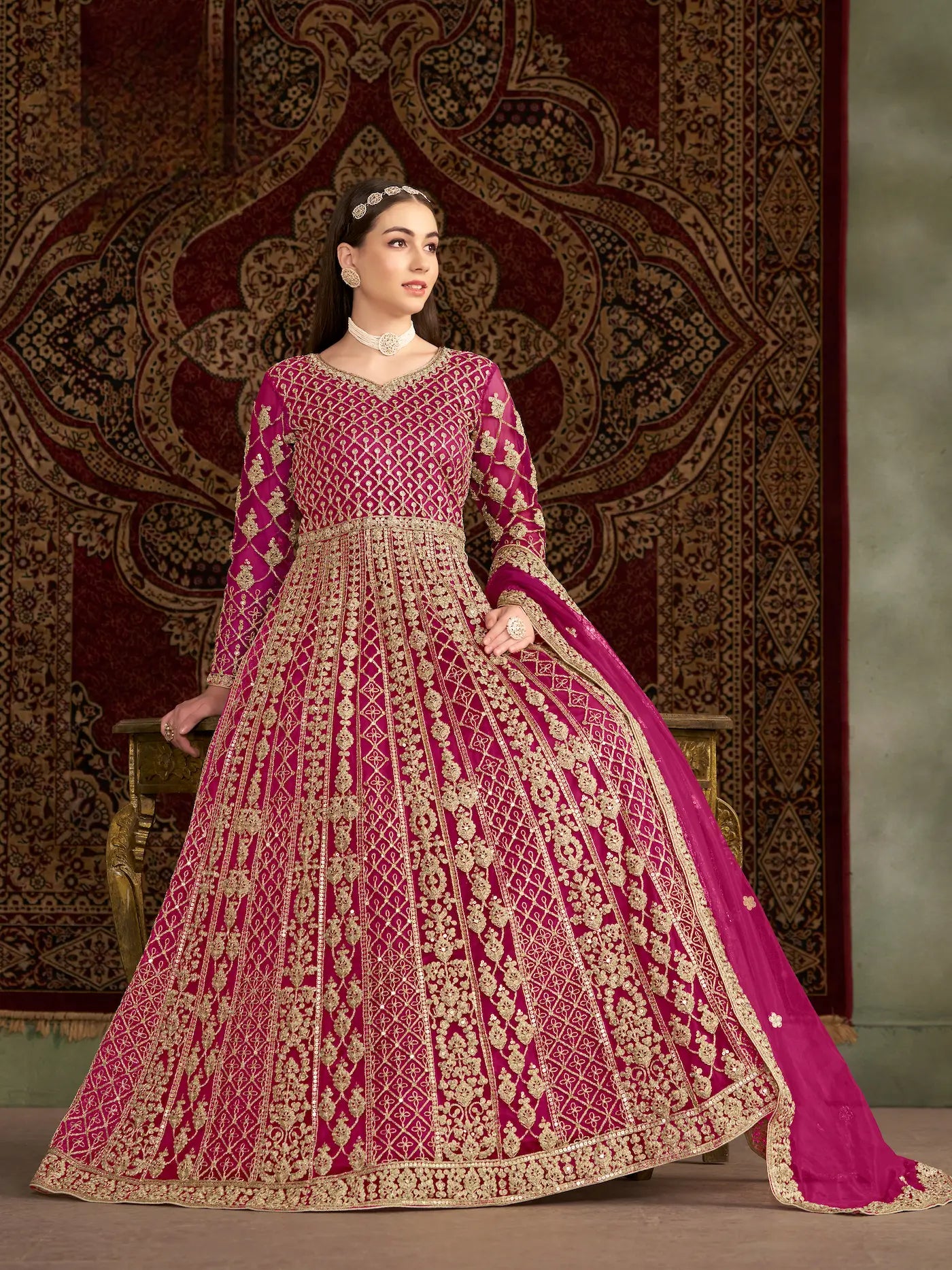 Dark Pink Net Gown With Sequence & Zari Embroidery Work