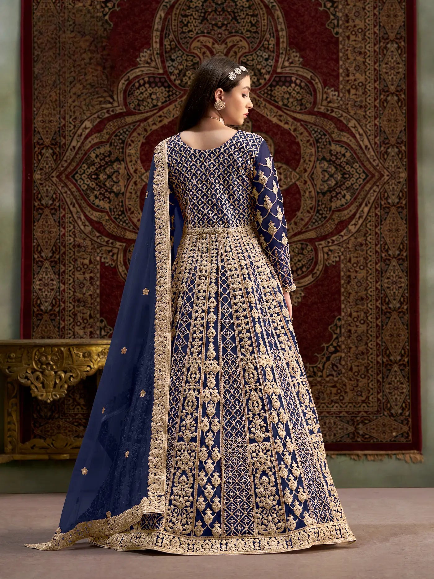 Navy Blue Net Gown With Sequence & Zari Embroidery Work