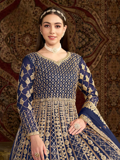 Navy Blue Net Gown With Sequence & Zari Embroidery Work