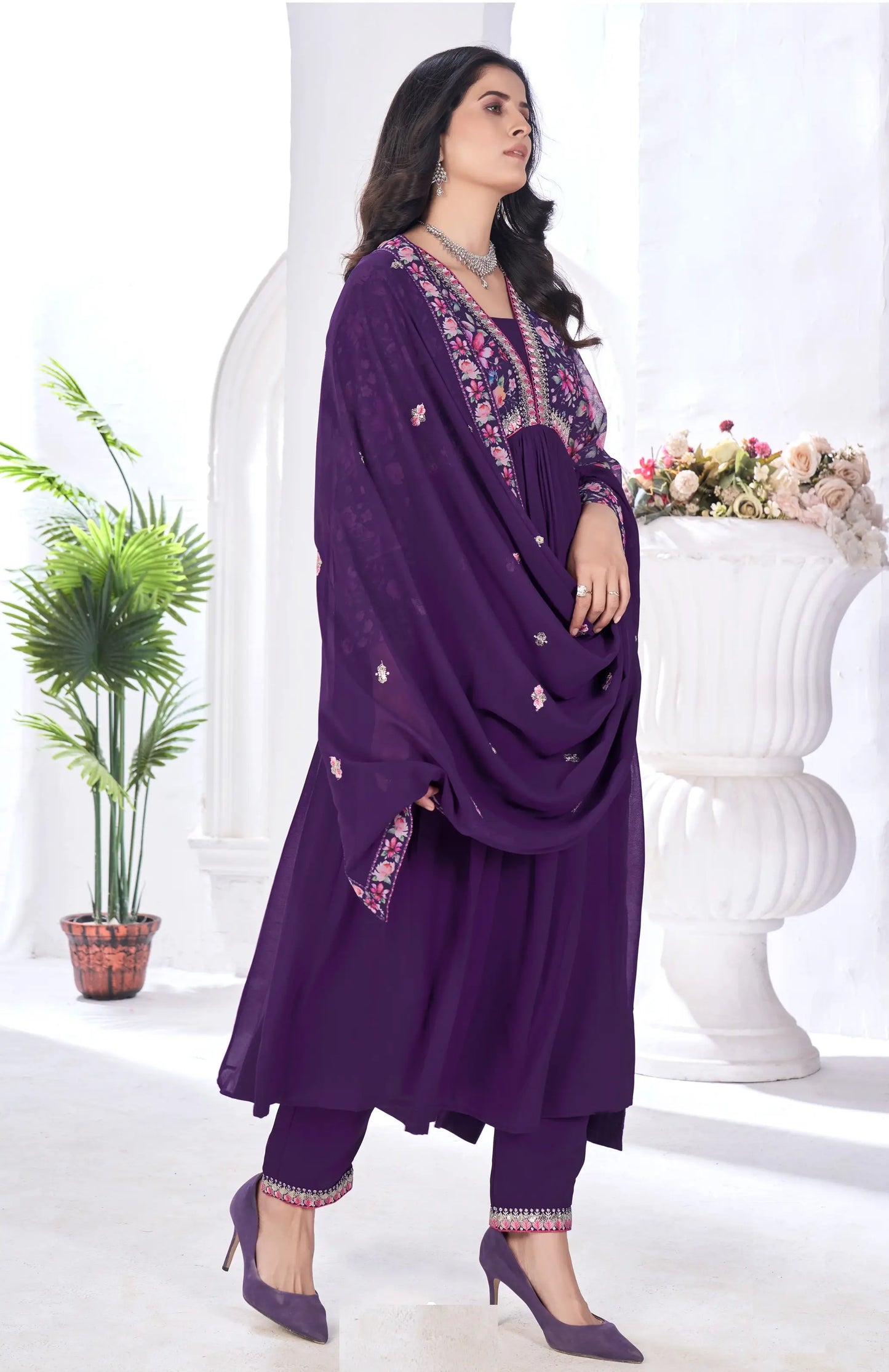 Purple Magenta Floral Print With Embroidery Work Gown With Dupatta