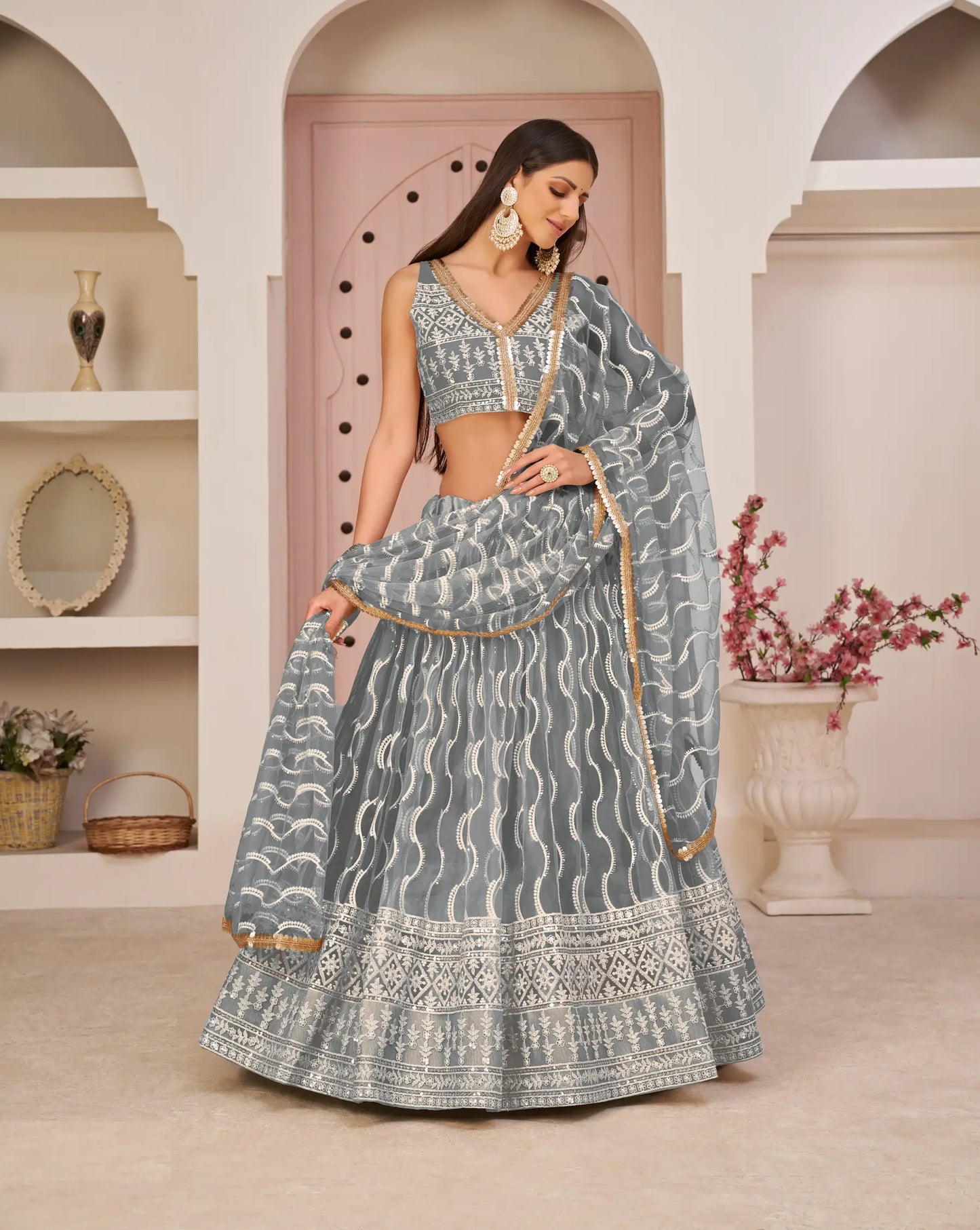 Grey Net Lehenga Choli With White Cotton Thread Work, Zari Work & Sequence Work
