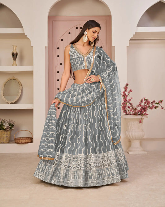 Grey Net Lehenga Choli With White Cotton Thread Work, Zari Work & Sequence Work