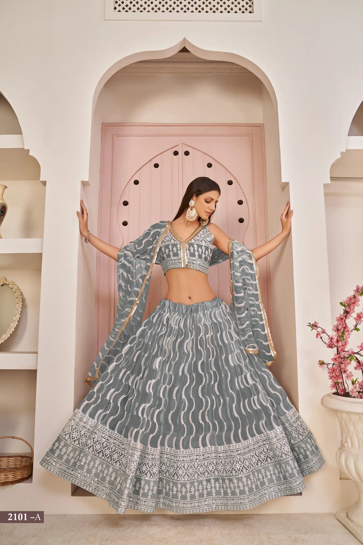 Grey Net Lehenga Choli With White Cotton Thread Work, Zari Work & Sequence Work