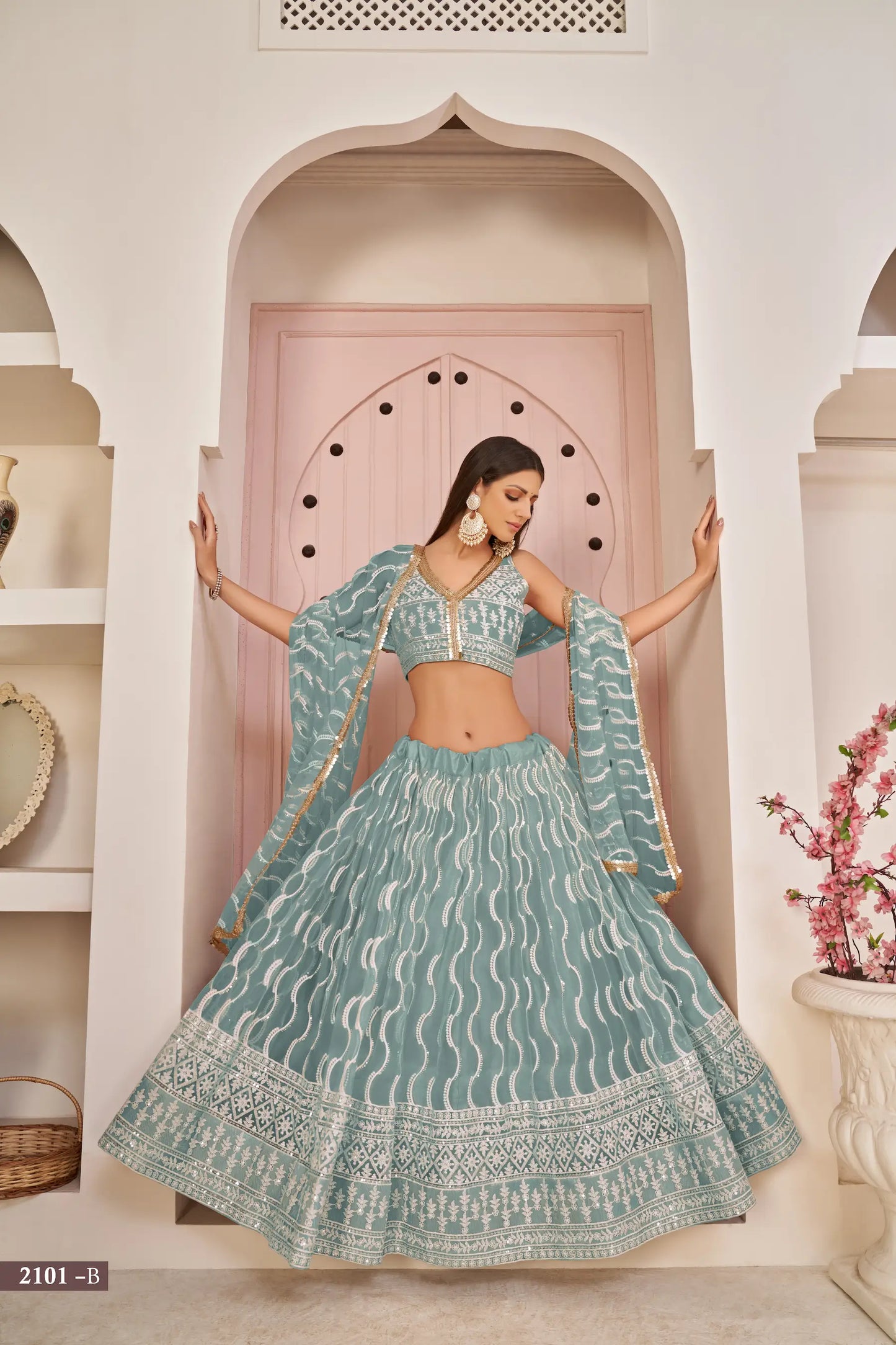 Ocean Blue Net Lehenga Choli With White Cotton Thread Work, Zari Work & Sequence Work