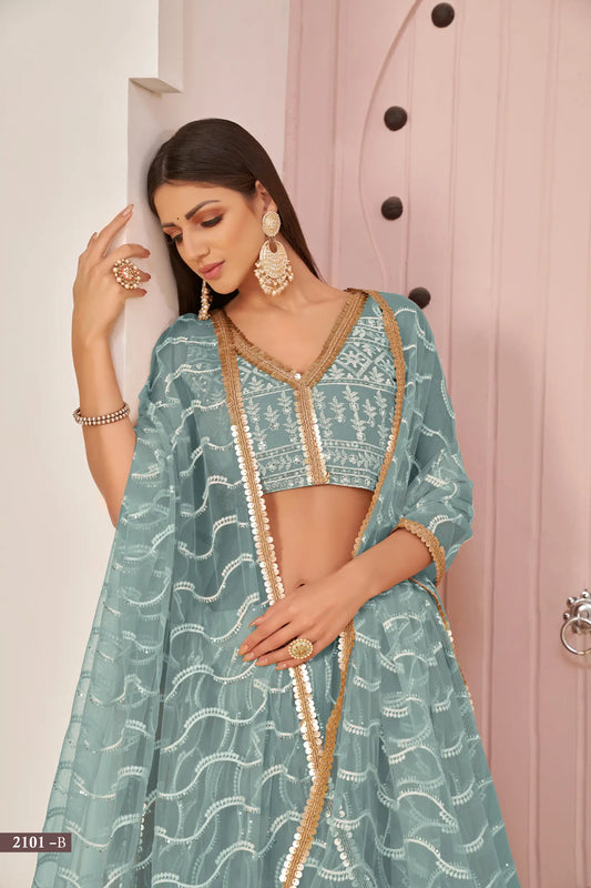 Ocean Blue Net Lehenga Choli With White Cotton Thread Work, Zari Work & Sequence Work