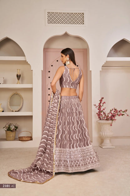 Onion Pink Net Lehenga Choli With White Cotton Thread Work, Zari Work & Sequence Work