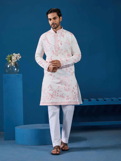 White Kurta Set With Embroidery Work