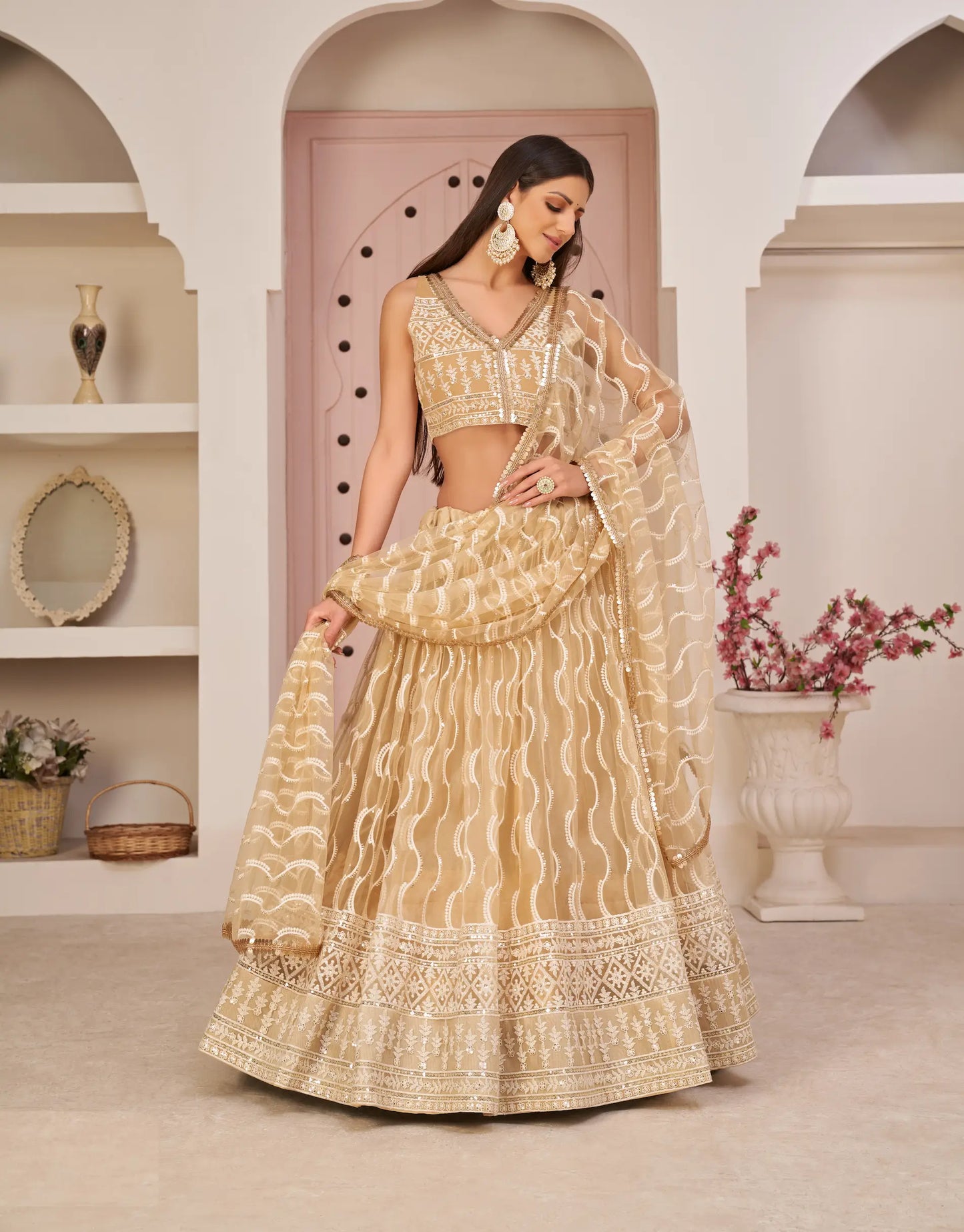 Dark Beige Net Lehenga Choli With White Cotton Thread Work, Zari Work & Sequence Work