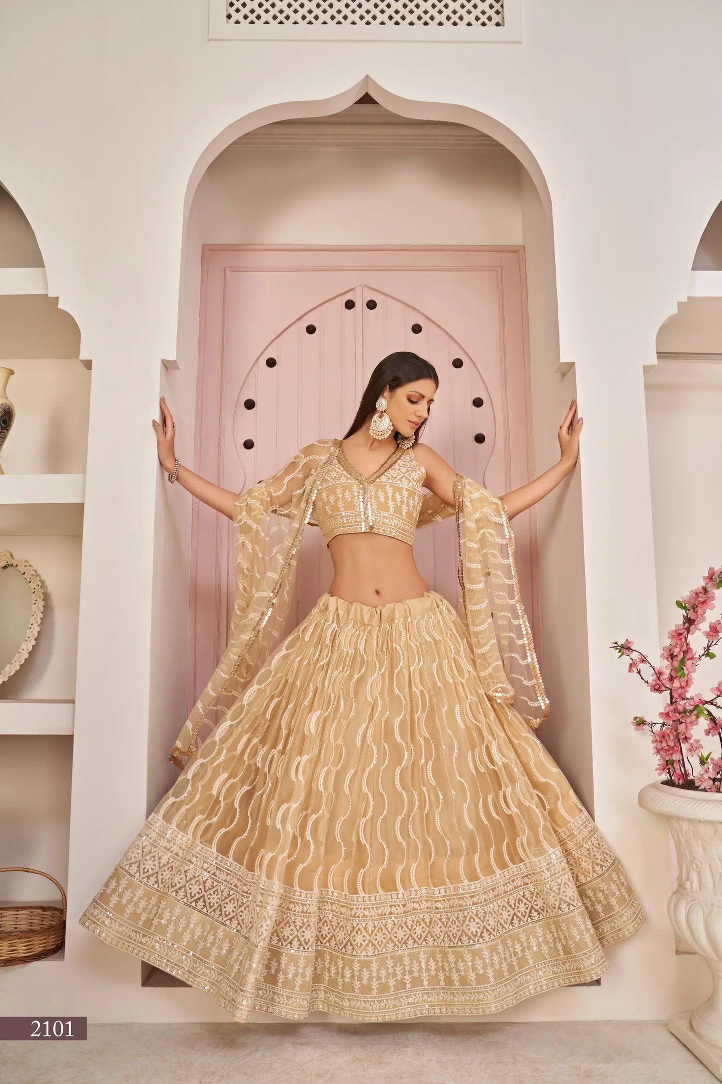 Dark Beige Net Lehenga Choli With White Cotton Thread Work, Zari Work & Sequence Work