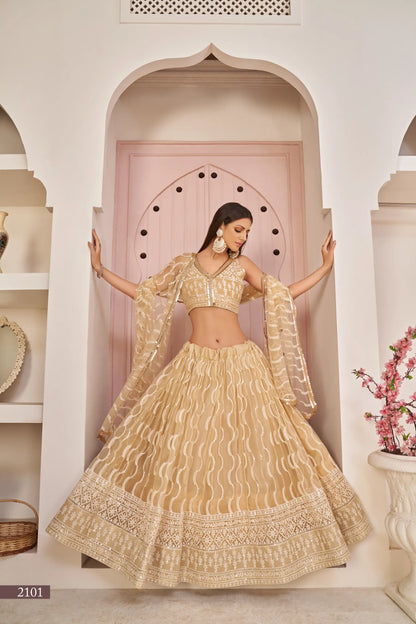 Dark Beige Net Lehenga Choli With White Cotton Thread Work, Zari Work & Sequence Work