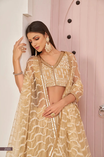 Dark Beige Net Lehenga Choli With White Cotton Thread Work, Zari Work & Sequence Work