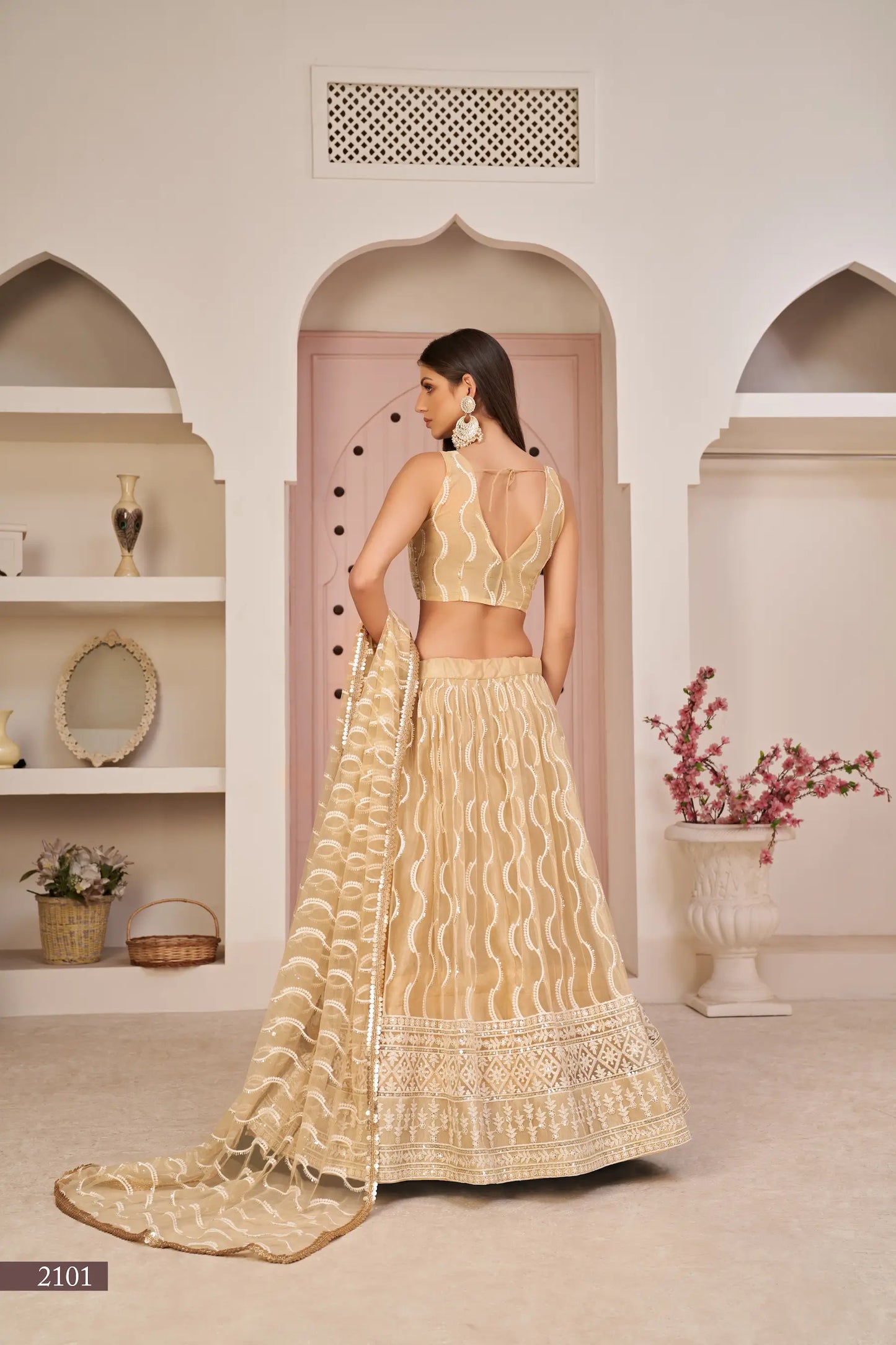 Dark Beige Net Lehenga Choli With White Cotton Thread Work, Zari Work & Sequence Work