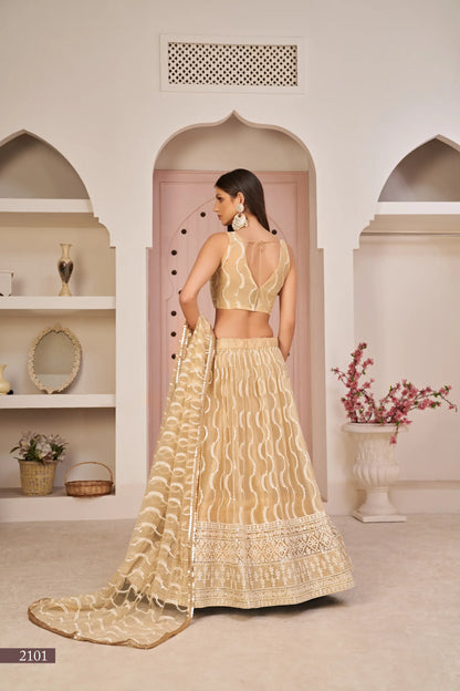 Dark Beige Net Lehenga Choli With White Cotton Thread Work, Zari Work & Sequence Work