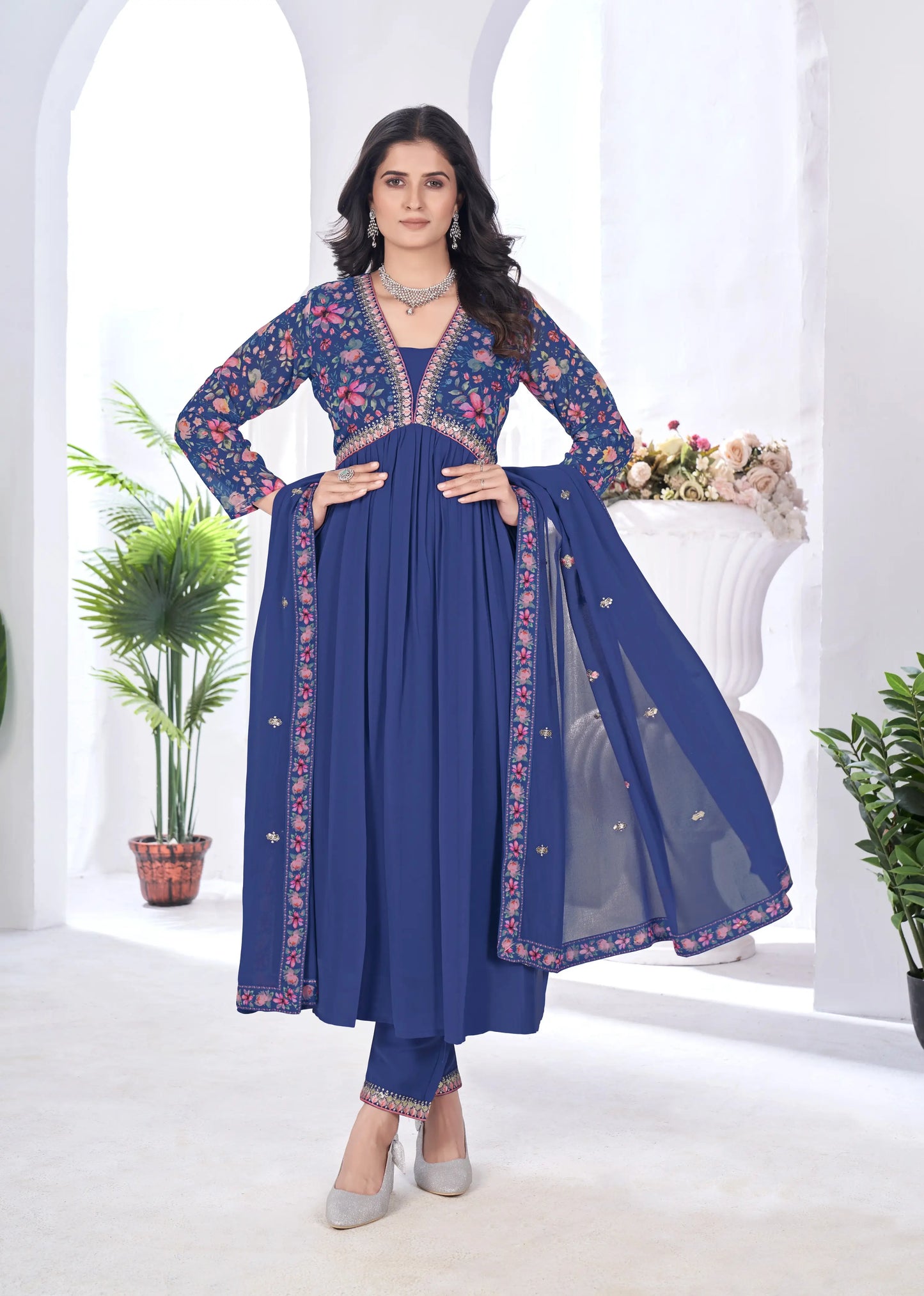 Royal Blue Floral Print With Embroidery Work Gown With Dupatta