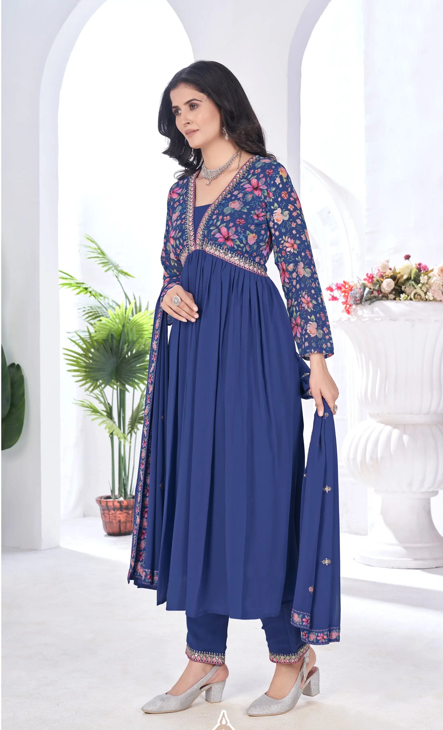 Royal Blue Floral Print With Embroidery Work Gown With Dupatta