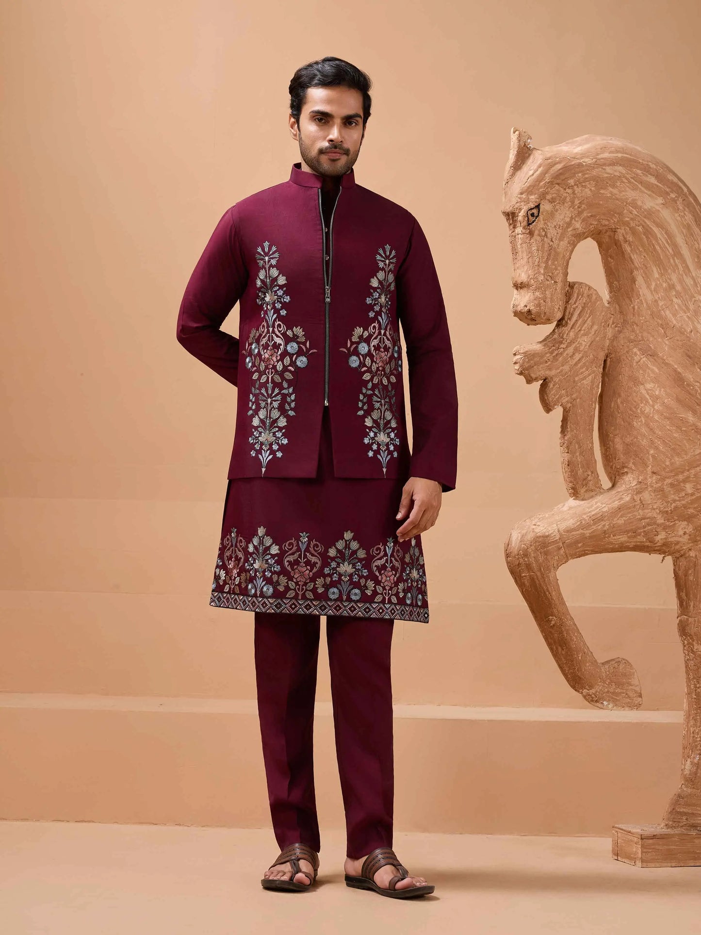 Stylish Maroon Kurta Set With Sequins Embroidery Jacket