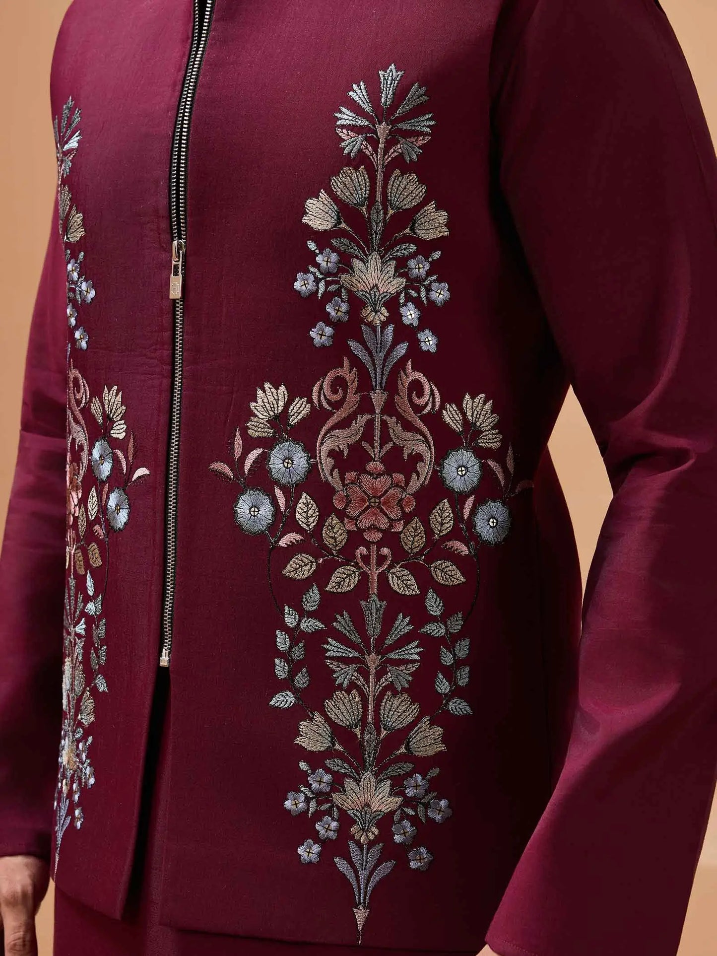 Stylish Maroon Kurta Set With Sequins Embroidery Jacket