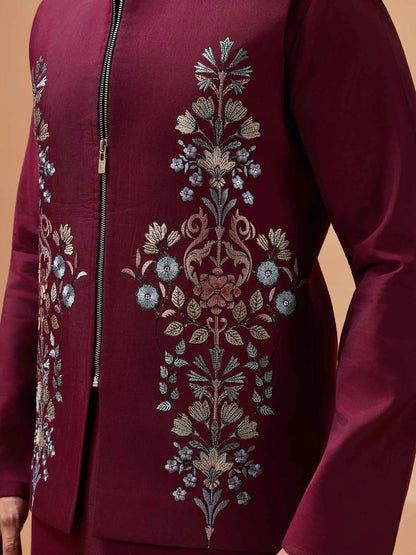 Stylish Maroon Kurta Set With Sequins Embroidery Jacket