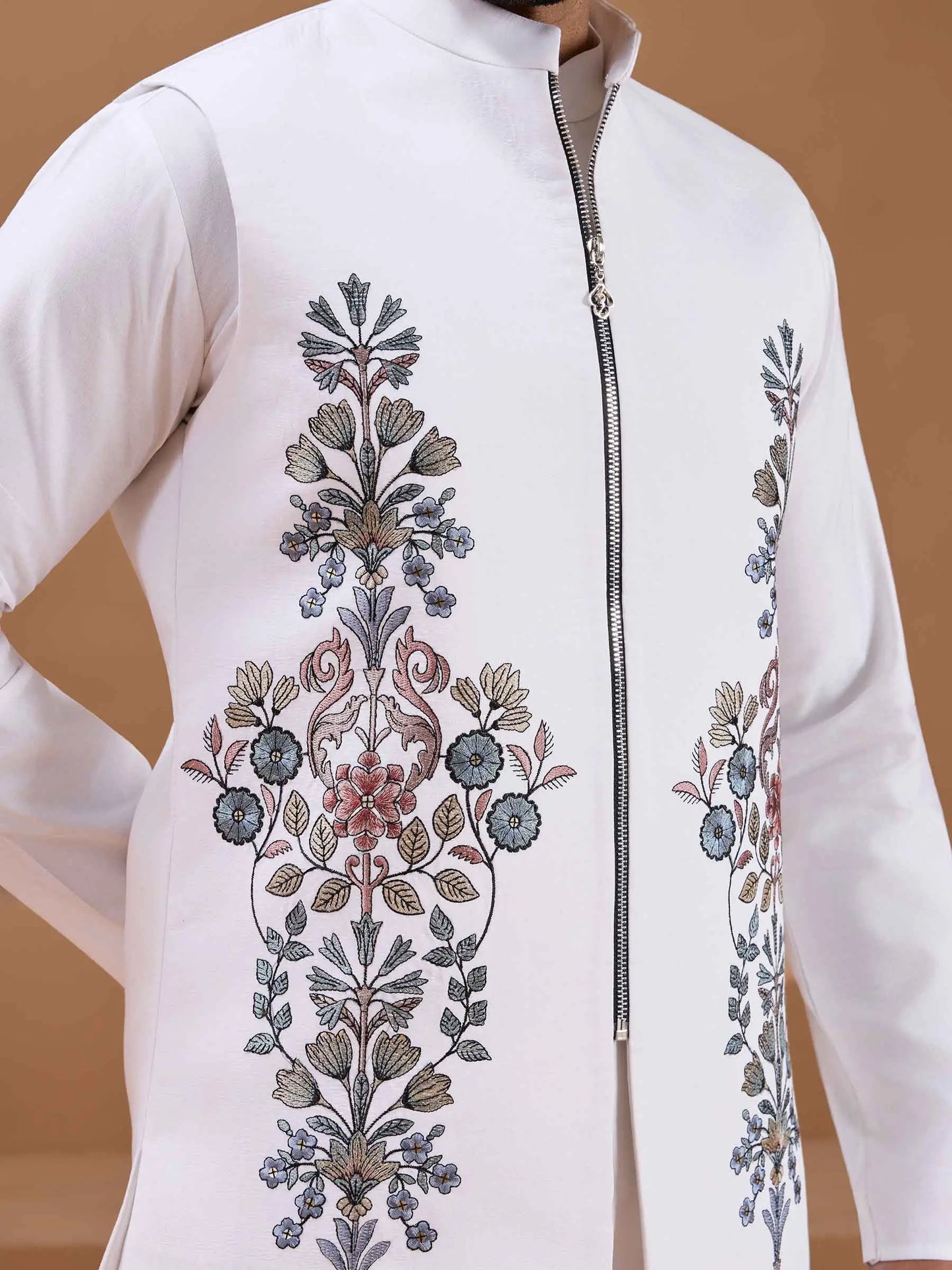 White Elegant Sequins Embroidery Kurta Set With Jacket
