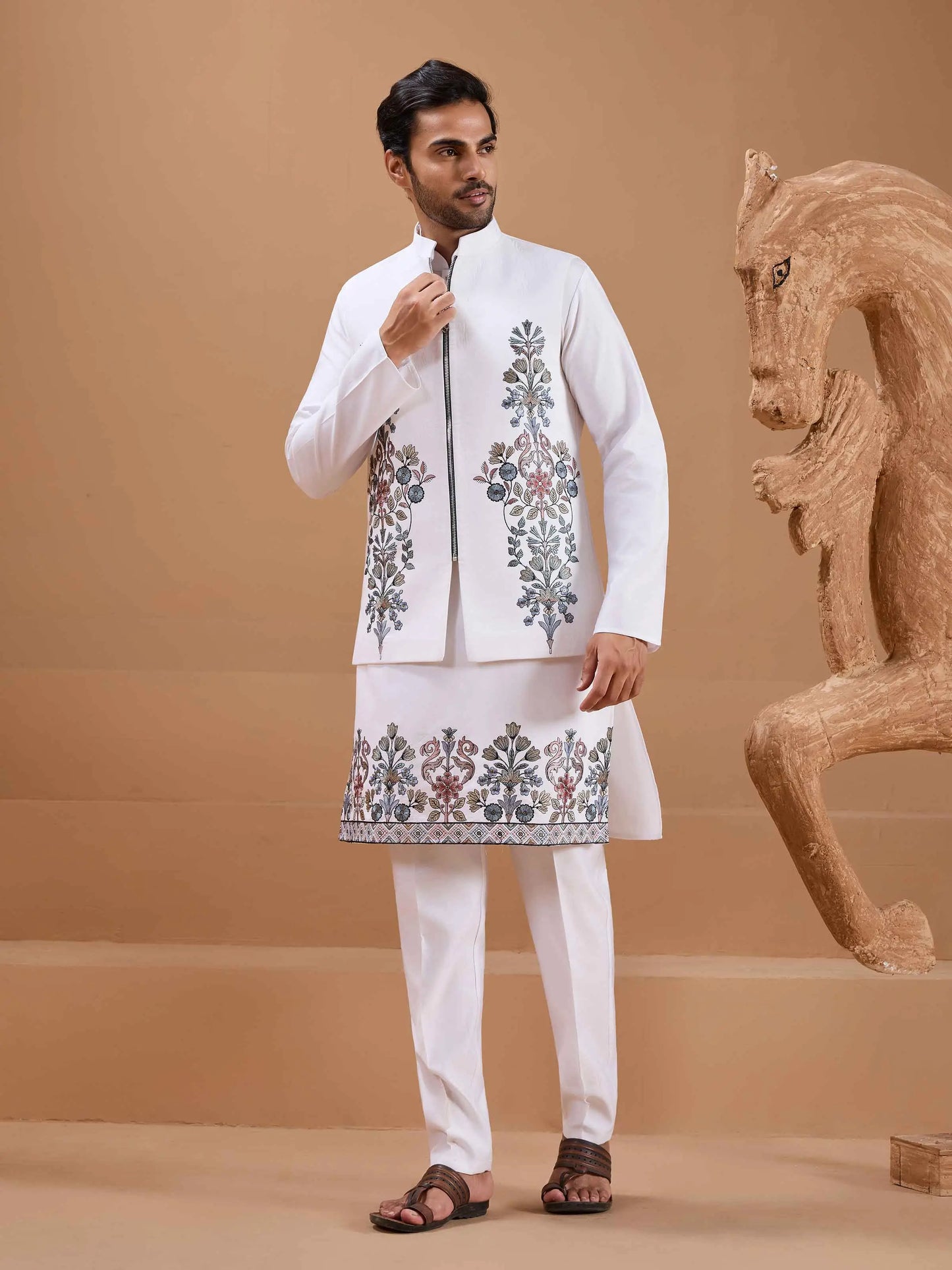 White Elegant Sequins Embroidery Kurta Set With Jacket