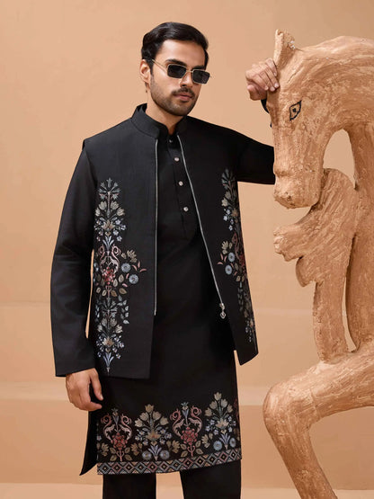 Stylish Black Kurta Set With Sequins Embroidery Jacket