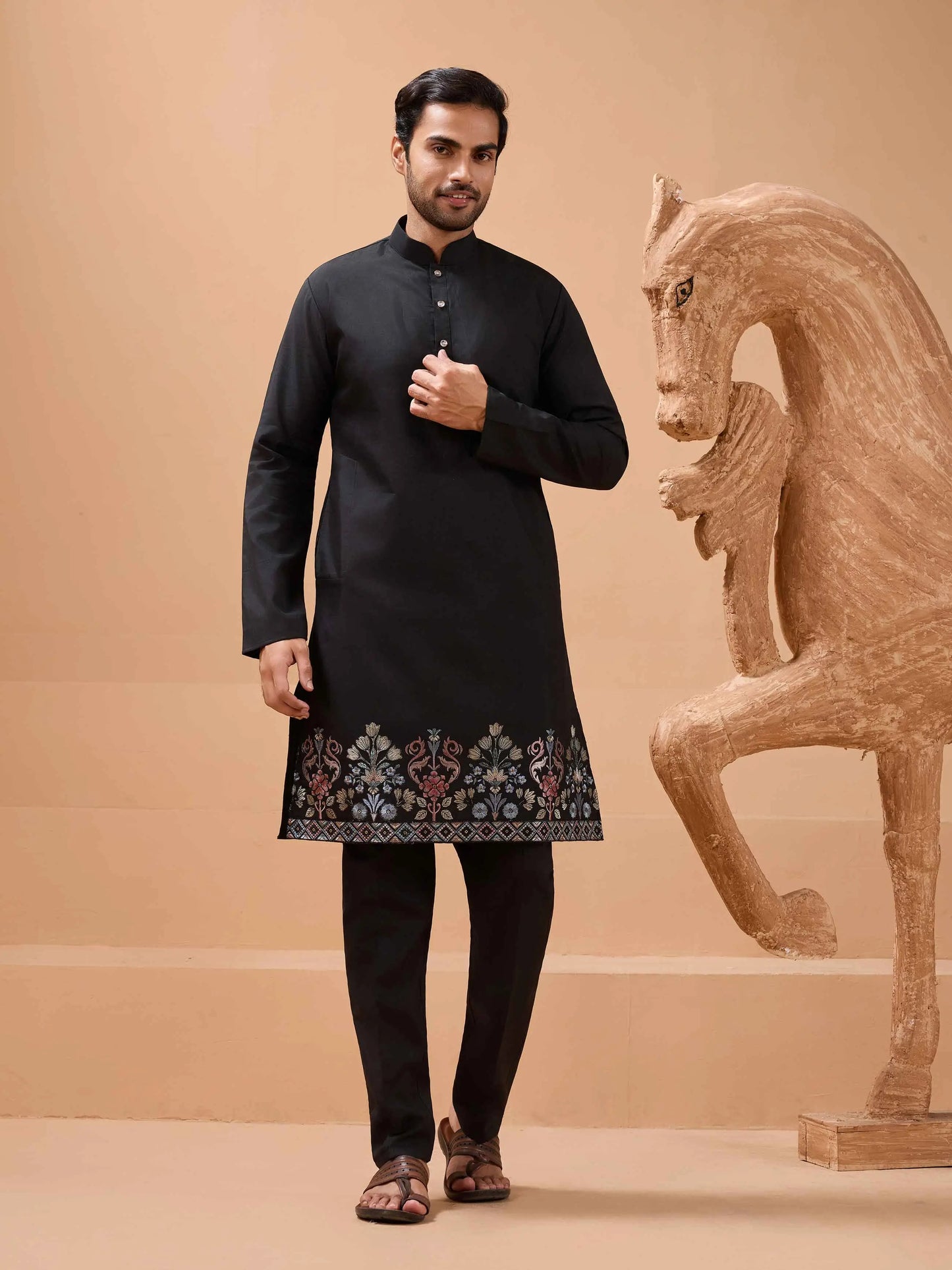 Stylish Black Kurta Set With Sequins Embroidery Jacket