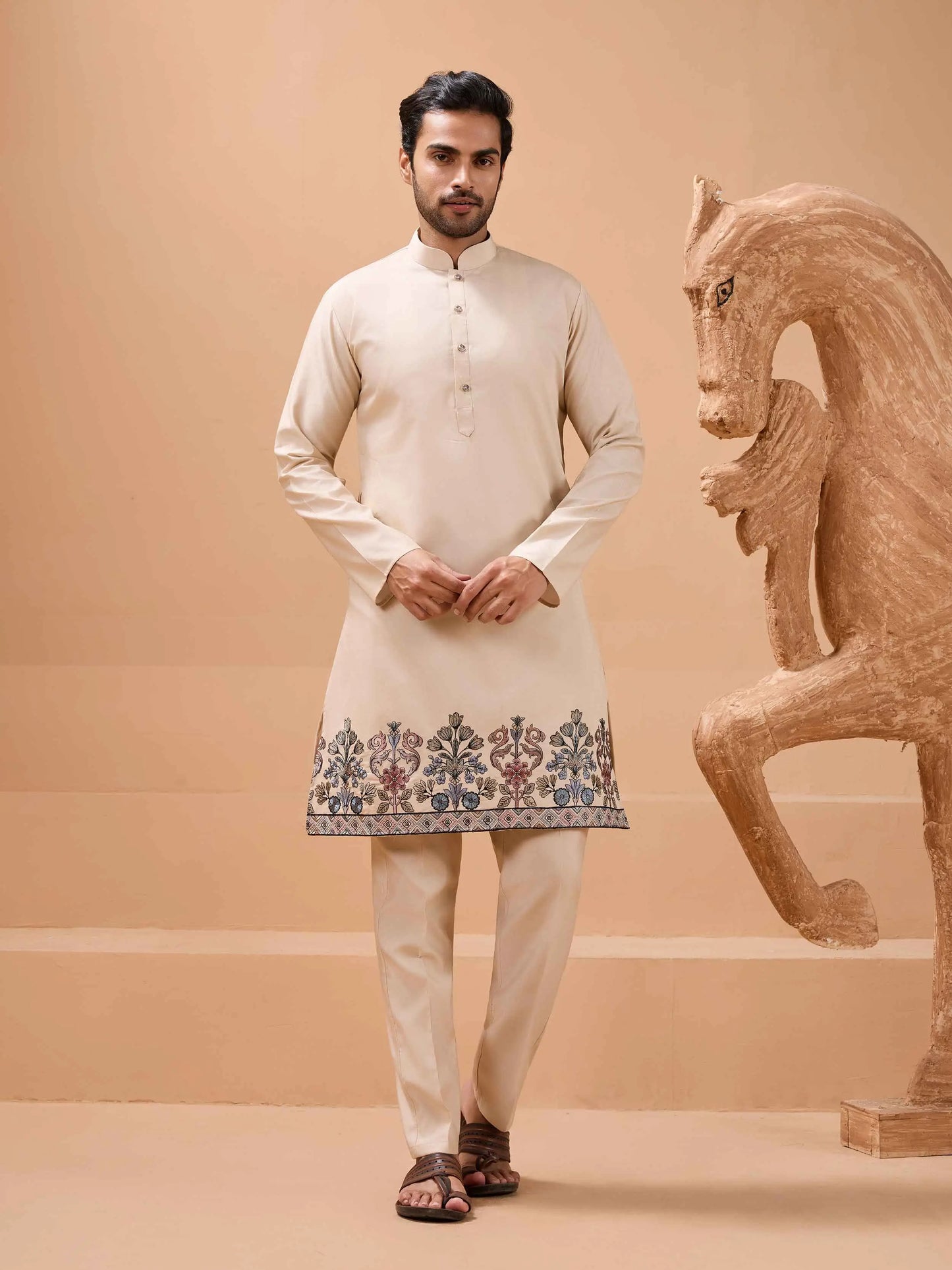 Elegant Beige Embroidery Sequins Kurta Set With Jacket