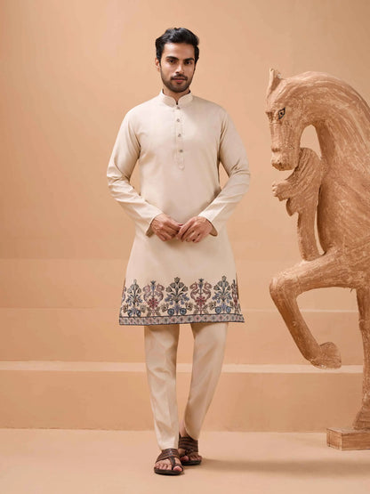 Elegant Beige Embroidery Sequins Kurta Set With Jacket