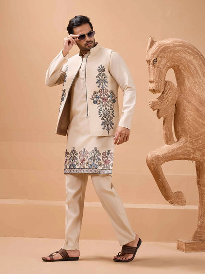 Elegant Beige Embroidery Sequins Kurta Set With Jacket