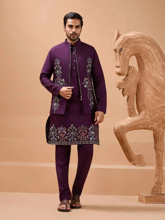 Plum Purple Kurta Set With Sequins Embroidery Jacket