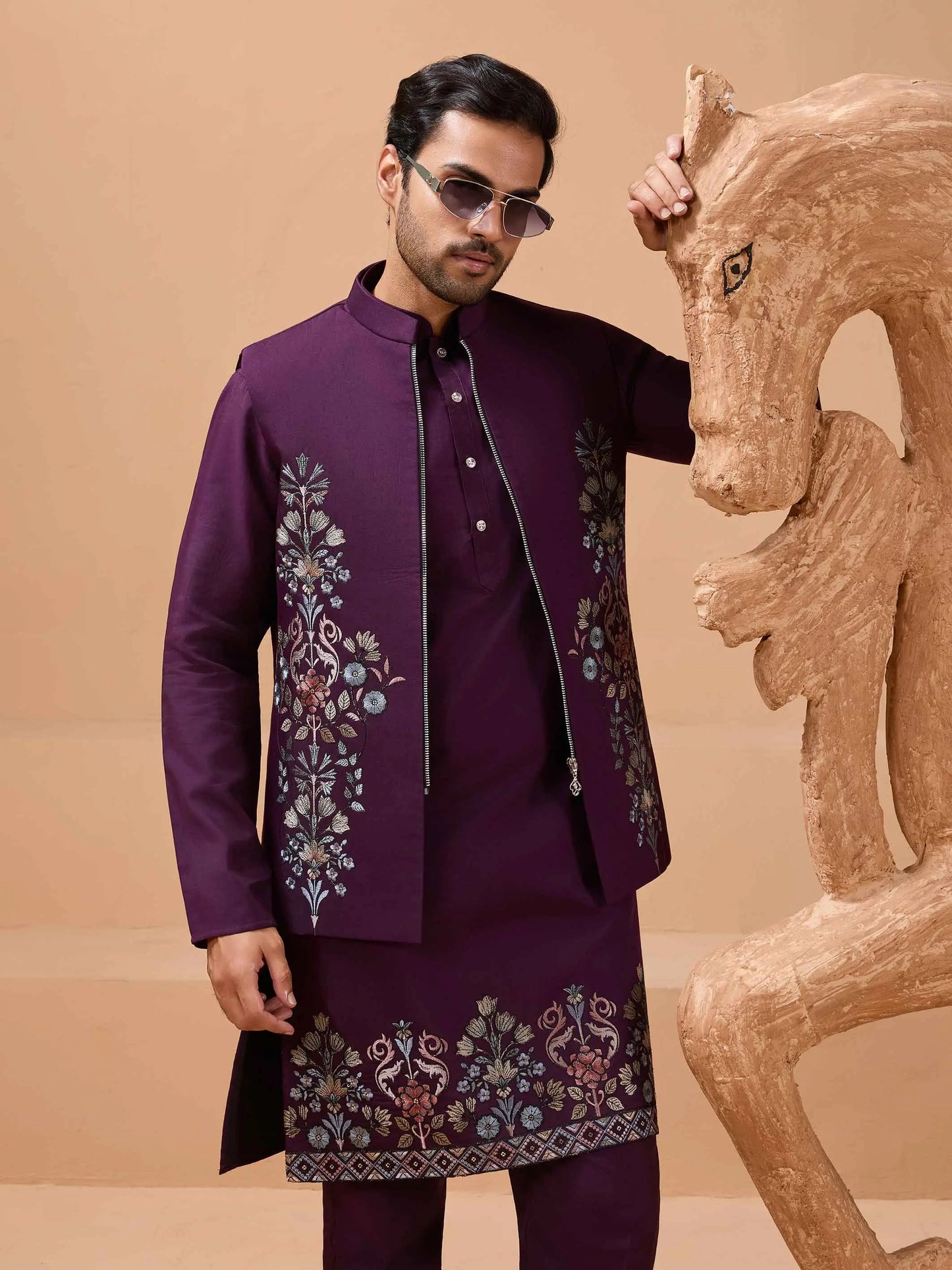Plum Purple Kurta Set With Sequins Embroidery Jacket