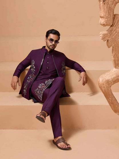 Plum Purple Kurta Set With Sequins Embroidery Jacket