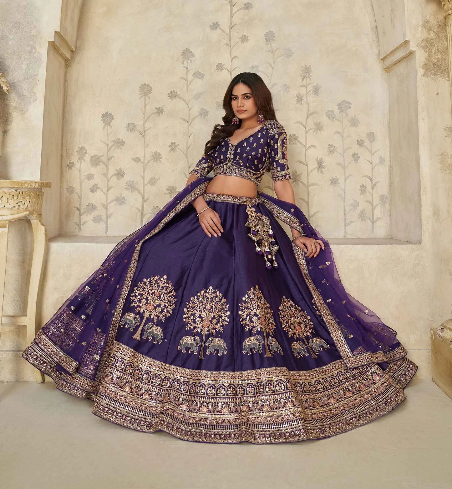 Royal Purple Wedding Lehenga With Elephant Motifs