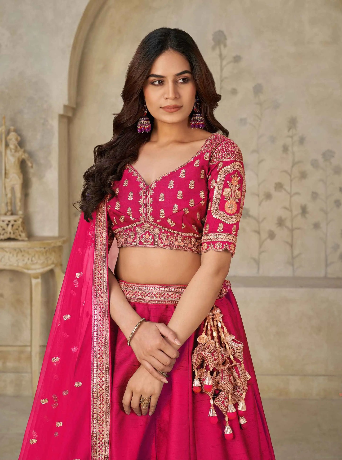 Hot Pink Bridal Ensemble With Elephant Motifs