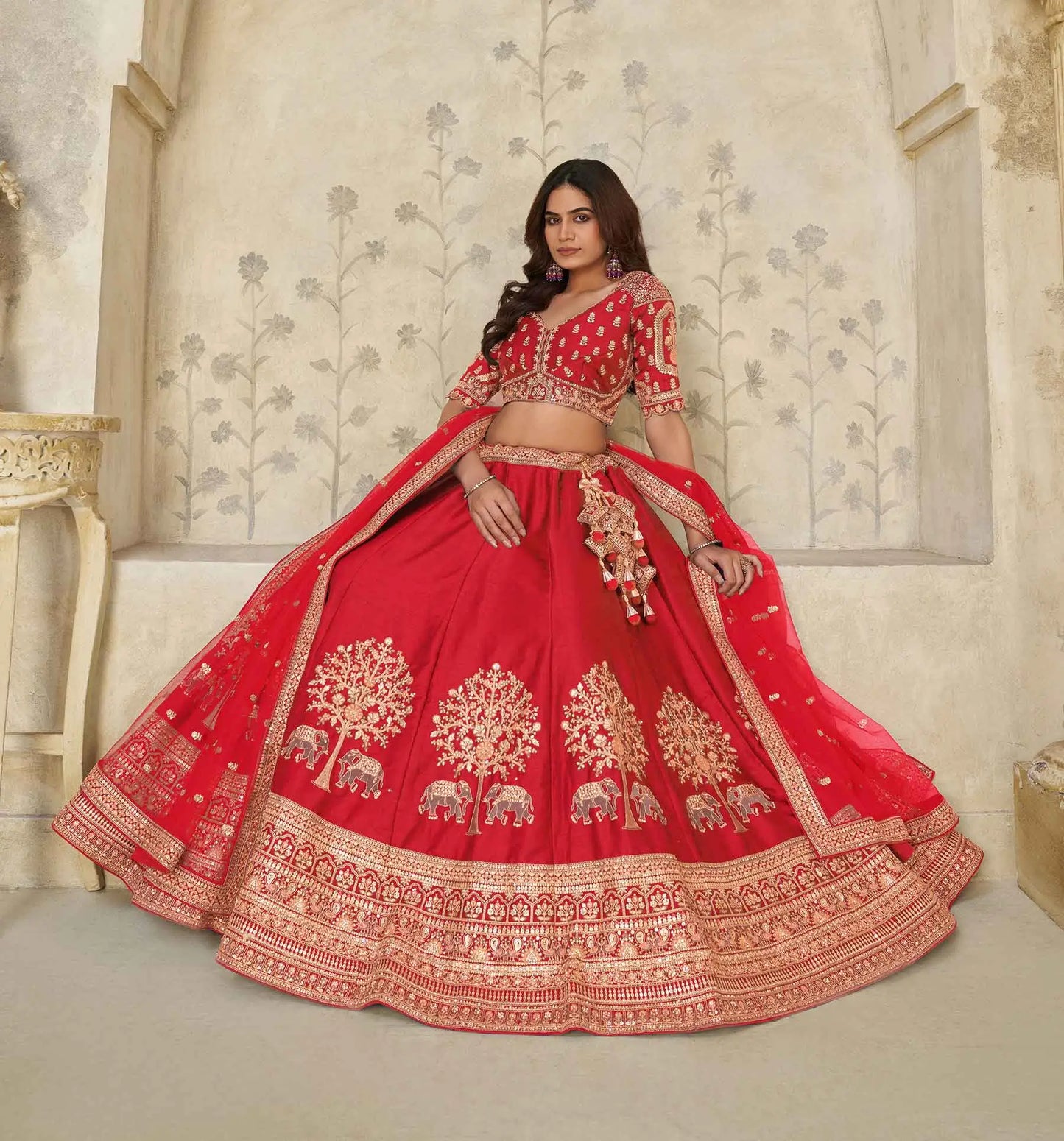 Red Bridal Lehenga Ensemble With Elephant Motifs